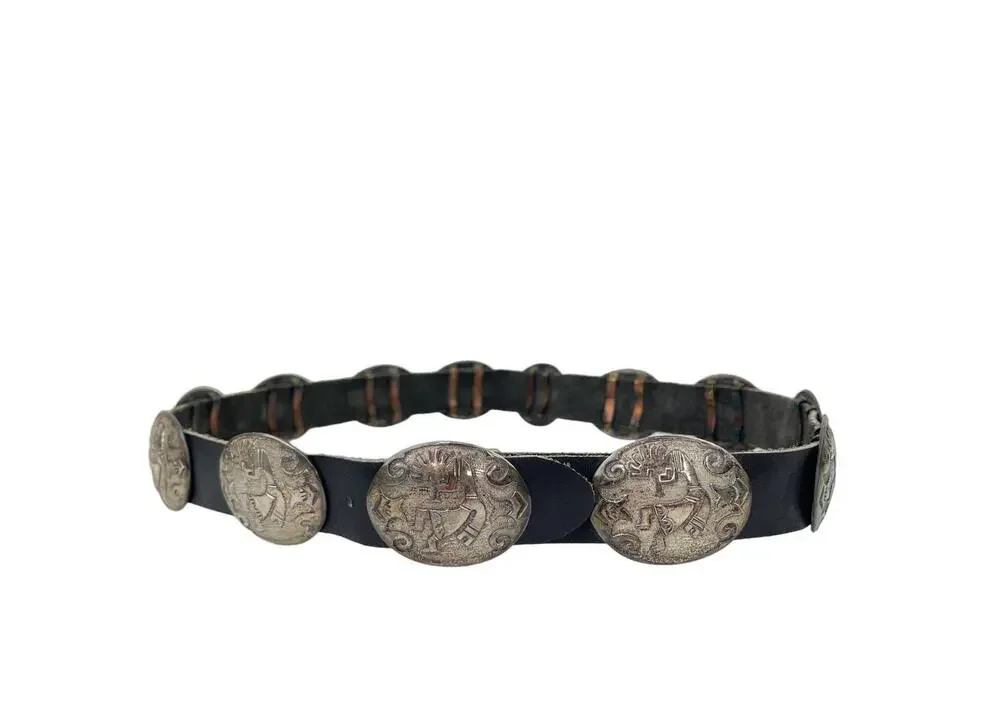 JS James Shay Navajo Sterling Silver Leather Concho Belt Western Native American